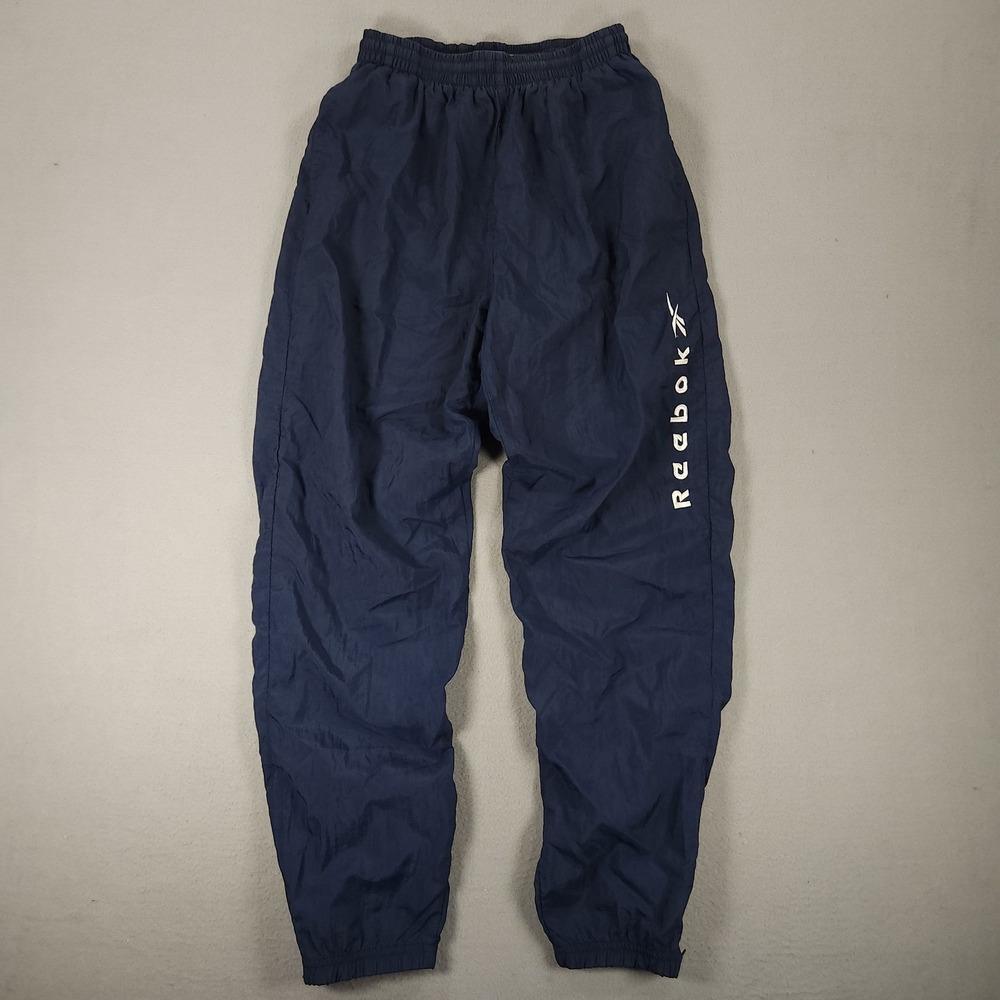 Vintage Reebok Track Pants Mens S Navy Blue Nylon Windbreaker Elastic Waist 90s